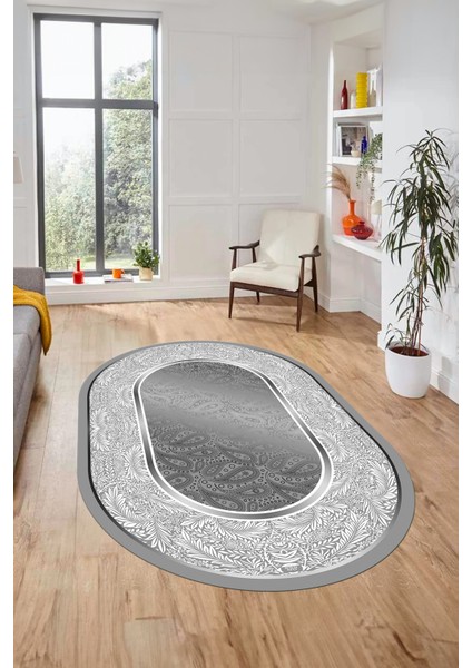 Çiçekli Tasarım Yıkanabilir Kaymaz Taban Çerçeveli Oval Mutfak Salon Halısı, O-Çerçeveli-37-Gri, fiyatları
