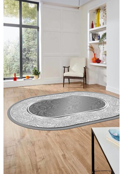 Çiçekli Tasarım Yıkanabilir Kaymaz Taban Çerçeveli Oval Mutfak Salon Halısı, O-Çerçeveli-37-Gri, modelleri