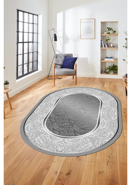 Çiçekli Tasarım Yıkanabilir Kaymaz Taban Çerçeveli Oval Mutfak Salon Halısı, O-Çerçeveli-37-Gri, fırsatları