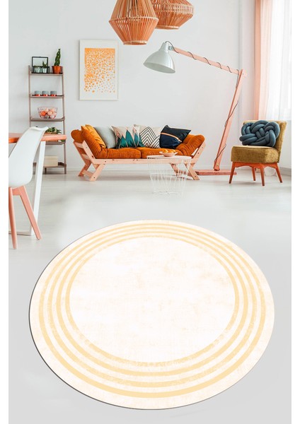 Dijital Kaymaz Taban Yıkanabilir Sade Çerçeveli Yuvarlak Mutfak Salon Halısı, Y-Çerçeveli-06-Krem, fırsatları