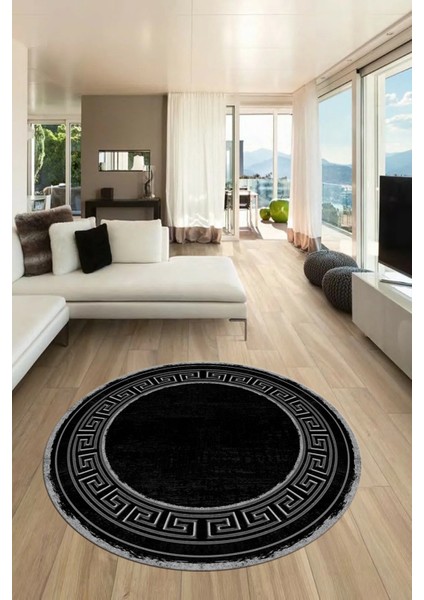 Tasarım Çerçeve Desenli Modern Yıkanabilir Mutfak Yuvarlak Salon Halısı, Y-Çerçeveli-09-Siyah,