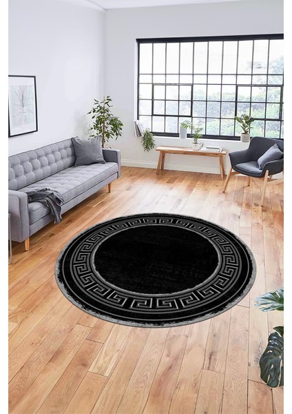 Tasarım Çerçeve Desenli Modern Yıkanabilir Mutfak Yuvarlak Salon Halısı, Y-Çerçeveli-09-Siyah, fırsatları