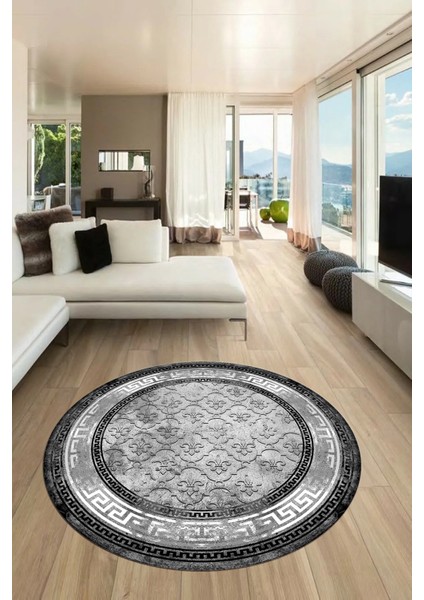 Şık Tasarım Çerçeve Desenli Modern Yıkanabilir Mutfak Yuvarlak Salon Halısı, Y-Çerçeveli-10-Gri,