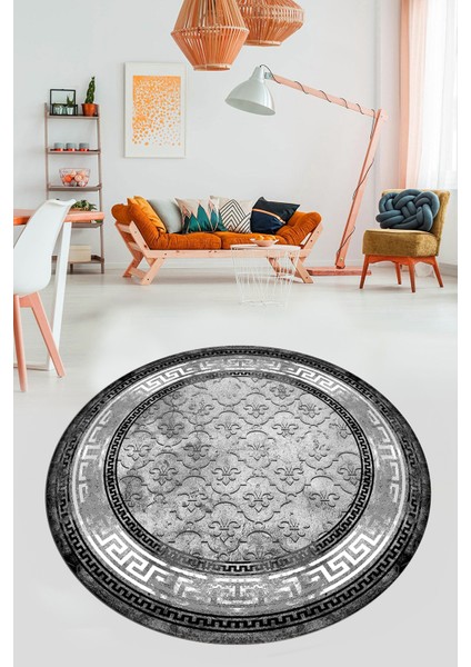Şık Tasarım Çerçeve Desenli Modern Yıkanabilir Mutfak Yuvarlak Salon Halısı, Y-Çerçeveli-10-Gri, modelleri