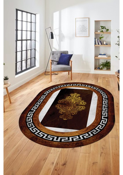 Dijital Kaymaz Yıkanabilir Çerçeveli Yolluk Oval Mutfak Salon Halısı, O-Çerçeveli-02-Gold,