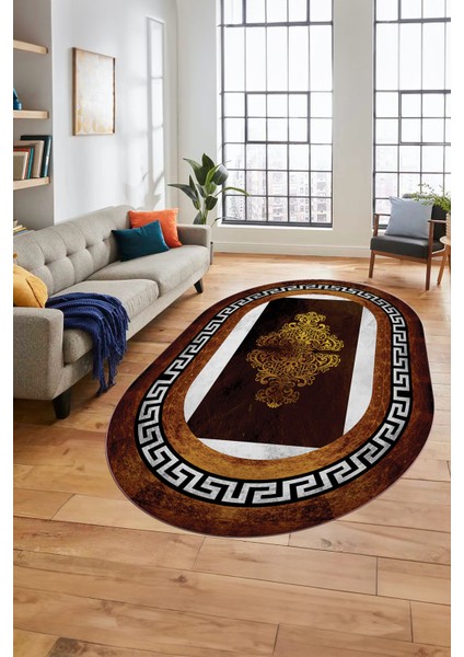 Dijital Kaymaz Yıkanabilir Çerçeveli Yolluk Oval Mutfak Salon Halısı, O-Çerçeveli-02-Gold, indirimleri