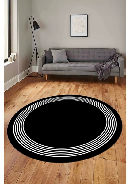 Dijital Kaymaz Yıkanabilir Modern Sade Çerçeveli Yuvarlak Yolluk Salon Halısı, Y-Çerçeveli-45-Siyah,