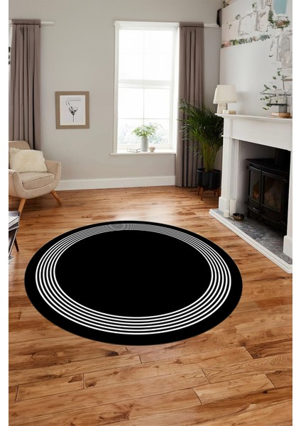 Dijital Kaymaz Yıkanabilir Modern Sade Çerçeveli Yuvarlak Yolluk Salon Halısı, Y-Çerçeveli-45-Siyah, fiyatları