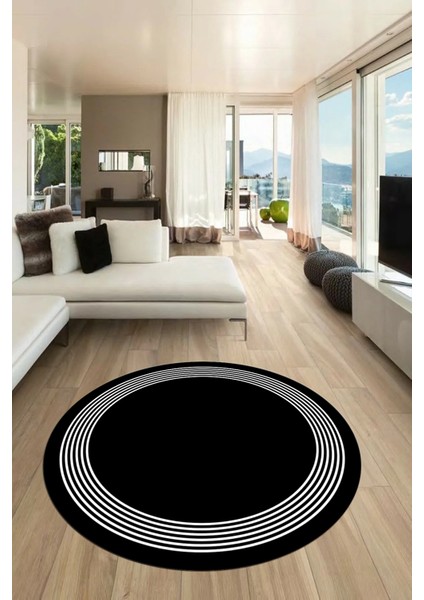 Dijital Kaymaz Yıkanabilir Modern Sade Çerçeveli Yuvarlak Yolluk Salon Halısı, Y-Çerçeveli-45-Siyah, modelleri