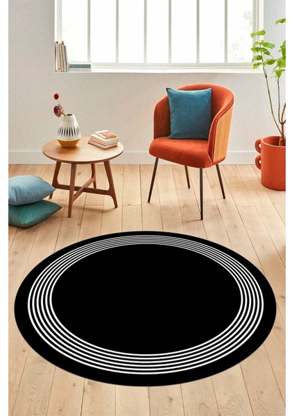 Dijital Kaymaz Yıkanabilir Modern Sade Çerçeveli Yuvarlak Yolluk Salon Halısı, Y-Çerçeveli-45-Siyah, fırsatları