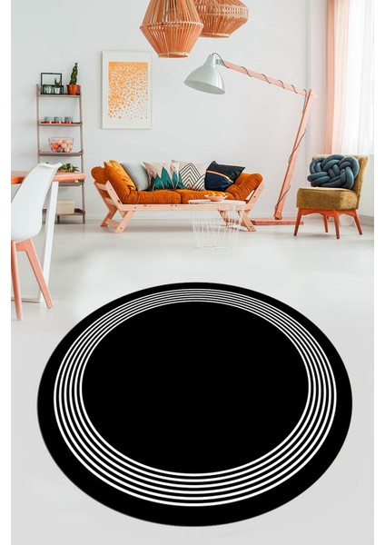 Dijital Kaymaz Yıkanabilir Modern Sade Çerçeveli Yuvarlak Yolluk Salon Halısı, Y-Çerçeveli-45-Siyah, indirimleri