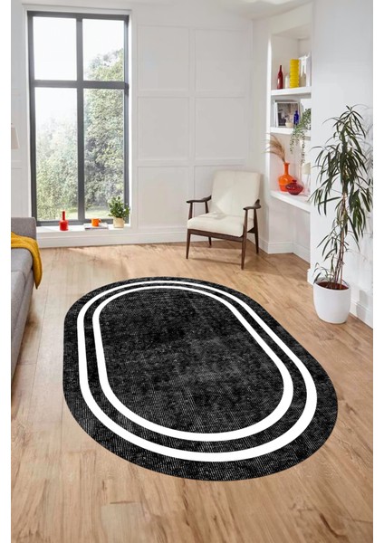 Dijital Kaymaz Yıkanabilir Sade Çerçeveli Yolluk Mutfak Oval Salon Halısı, O-Çerçeveli-30-Siyah, modelleri