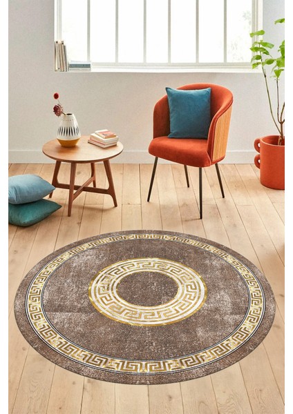 Sade Tasarım Çerçeve Desen Modern Yıkanabilir Mutfak Yuvarlak Salon Halısı, Y-Çerçeveli-12-Kahve,