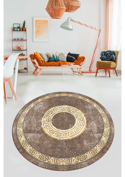 Sade Tasarım Çerçeve Desen Modern Yıkanabilir Mutfak Yuvarlak Salon Halısı, Y-Çerçeveli-12-Kahve,