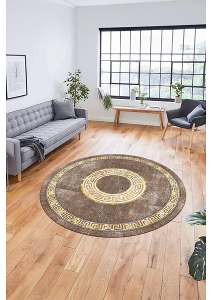 Sade Tasarım Çerçeve Desen Modern Yıkanabilir Mutfak Yuvarlak Salon Halısı, Y-Çerçeveli-12-Kahve,