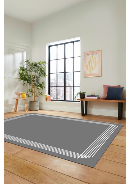 Dijital Baskılı Kaymaz Yıkanabilir Modern Sade Çerçeveli Yolluk Salon Halısı, Çerçeveli-45-Gri,