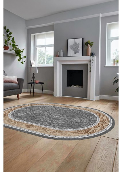 Şık Çerçeve Desenli Modern Yıkanabilir Yolluk Mutfak Oval Salon Halısı, O-Çerçeveli-21-Kahve,