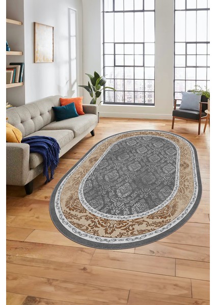 Şık Çerçeve Desenli Modern Yıkanabilir Yolluk Mutfak Oval Salon Halısı, O-Çerçeveli-21-Kahve,
