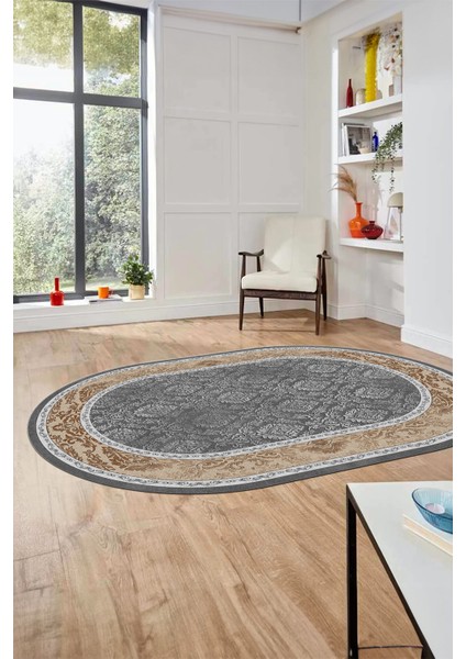 Şık Çerçeve Desenli Modern Yıkanabilir Yolluk Mutfak Oval Salon Halısı, O-Çerçeveli-21-Kahve,