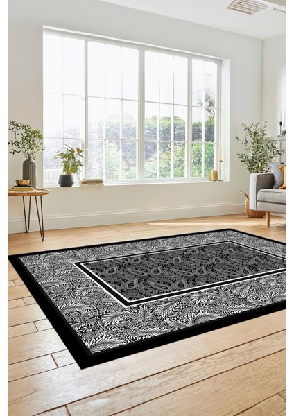 Çiçekli Tasarım Yıkanabilir Kaymaz Taban Çerçeveli Mutfak Salon Halısı, Çerçeveli-37-Siyah,