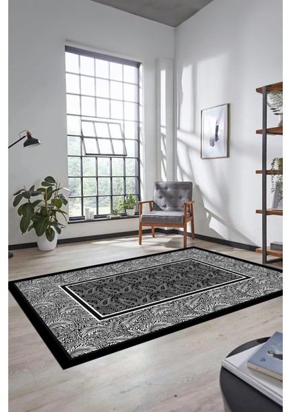 Çiçekli Tasarım Yıkanabilir Kaymaz Taban Çerçeveli Mutfak Salon Halısı, Çerçeveli-37-Siyah, modelleri