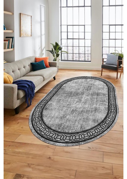 Çerçeveli Zincir Desen Yıkanabilir Kaymaz Yolluk Mutfak Oval Salon Halısı, O-Çerçeveli-31-Gri,