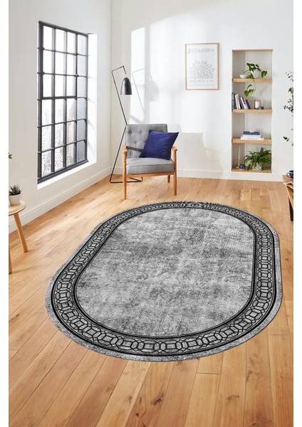 Çerçeveli Zincir Desen Yıkanabilir Kaymaz Yolluk Mutfak Oval Salon Halısı, O-Çerçeveli-31-Gri, indirimleri