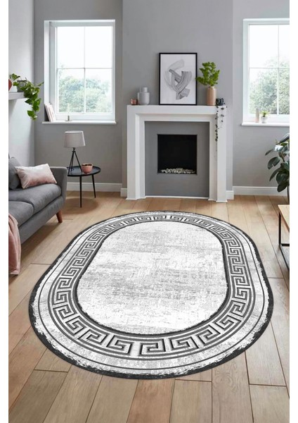 Yeni Tasarım Çerçeve Desenli Modern Yıkanabilir Mutfak Oval Salon Halısı, O-Çerçeveli-09-Gri,