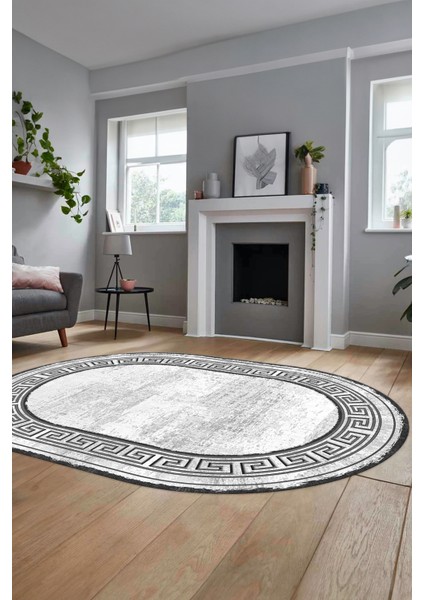 Yeni Tasarım Çerçeve Desenli Modern Yıkanabilir Mutfak Oval Salon Halısı, O-Çerçeveli-09-Gri,