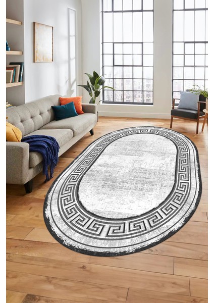 Yeni Tasarım Çerçeve Desenli Modern Yıkanabilir Mutfak Oval Salon Halısı, O-Çerçeveli-09-Gri,