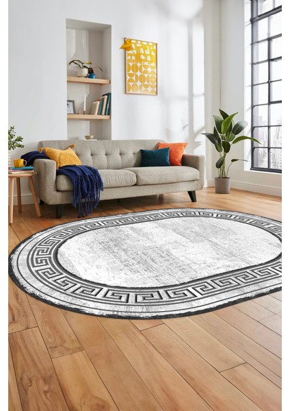 Yeni Tasarım Çerçeve Desenli Modern Yıkanabilir Mutfak Oval Salon Halısı, O-Çerçeveli-09-Gri,