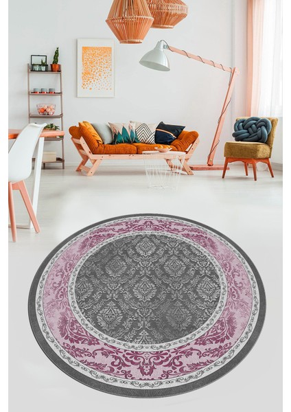 Şık Çerçeve Desenli Modern Yıkanabilir Yolluk Mutfak Yuvarlak Salon Halısı, Y-Çerçeveli-21-Pembe,