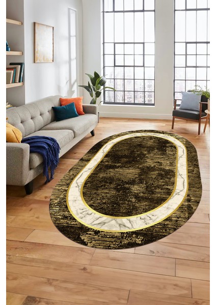 Mermer Çerçeve Desen Modern Yıkanabilir Yolluk Mutfak Oval Salon Halısı, O-Çerçeveli-18-Kahve, modelleri