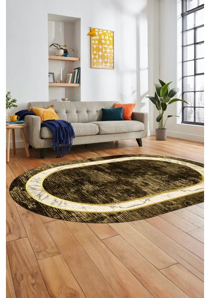 Mermer Çerçeve Desen Modern Yıkanabilir Yolluk Mutfak Oval Salon Halısı, O-Çerçeveli-18-Kahve, fırsatları