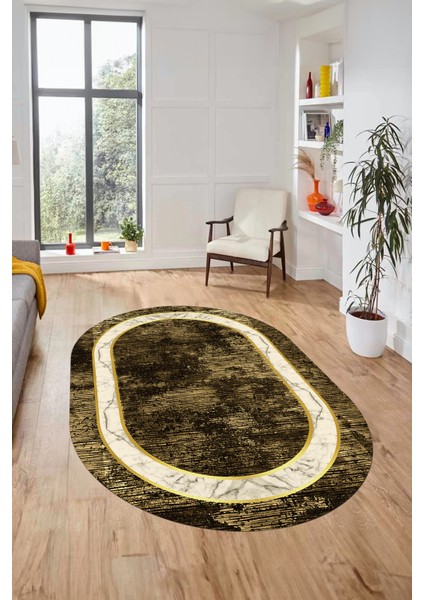 Mermer Çerçeve Desen Modern Yıkanabilir Yolluk Mutfak Oval Salon Halısı, O-Çerçeveli-18-Kahve, indirimleri