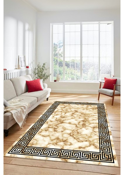 Mermer Çerçeve Desenli Modern Yıkanabilir Yolluk Mutfak Salon Halısı, Çerçeveli-17-Bej,