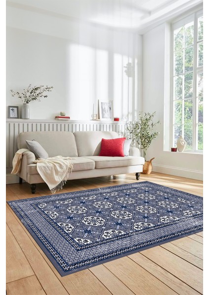 Etnik Çerçeve Desen Yıkanabilir Kaymaz Yolluk Mutfak Salon Halısı, Çerçeveli-26-Mavi,