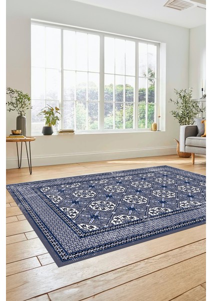 Etnik Çerçeve Desen Yıkanabilir Kaymaz Yolluk Mutfak Salon Halısı, Çerçeveli-26-Mavi, modelleri