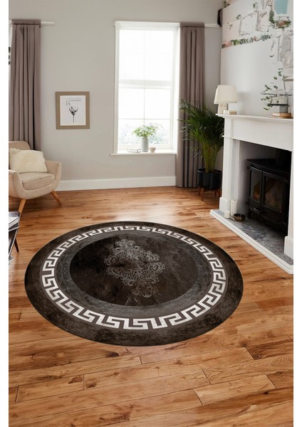 Dijital Kaymaz Yıkanabilir Çerçeveli Yolluk Yuvarlak Mutfak Salon Halısı, Y-Çerçeveli-02-Vizon,