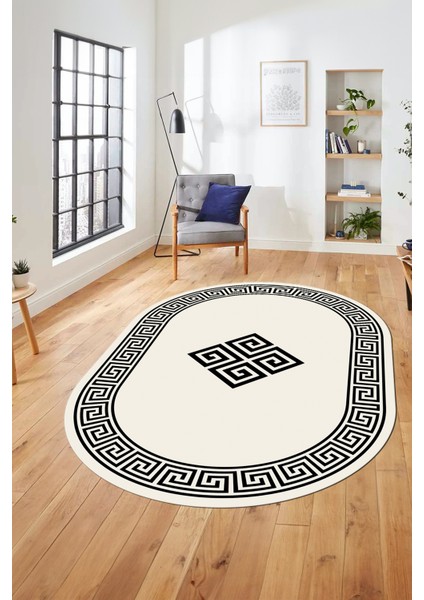 Dijital Kaymaz Yıkanabilir Göbekli Çerçeveli Oval Mutfak Salon Halısı, O-Çerçeveli-01-Krem,