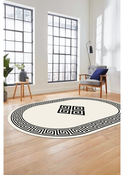 Dijital Kaymaz Yıkanabilir Göbekli Çerçeveli Oval Mutfak Salon Halısı, O-Çerçeveli-01-Krem,