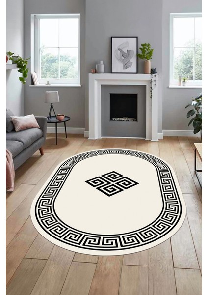 Dijital Kaymaz Yıkanabilir Göbekli Çerçeveli Oval Mutfak Salon Halısı, O-Çerçeveli-01-Krem,