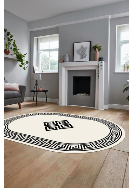 Dijital Kaymaz Yıkanabilir Göbekli Çerçeveli Oval Mutfak Salon Halısı, O-Çerçeveli-01-Krem,