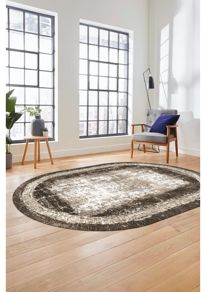 Sade Motifli Çerçeve Desen Modern Yıkanabilir Yolluk Mutfak Oval Salon Halısı, O-Çerçeveli-14-Kahve,