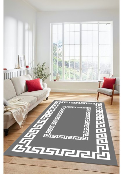 Dijital Baskılı Kaymaz Yıkanabilir Çerçeveli Yolluk Mutfak Salon Halısı, Çerçeveli-47-Gri,