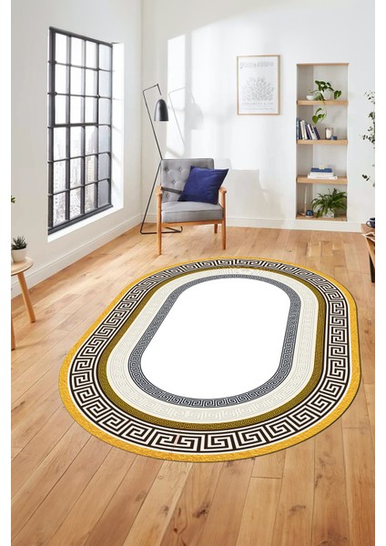 Dijital Kaymaz Yıkanabilir Çerçeveli Şık Tasarım Oval Mutfak Salon Halısı, O-Çerçeveli-03-Gold,