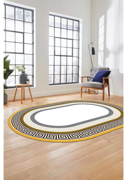 Dijital Kaymaz Yıkanabilir Çerçeveli Şık Tasarım Oval Mutfak Salon Halısı, O-Çerçeveli-03-Gold, fiyatları