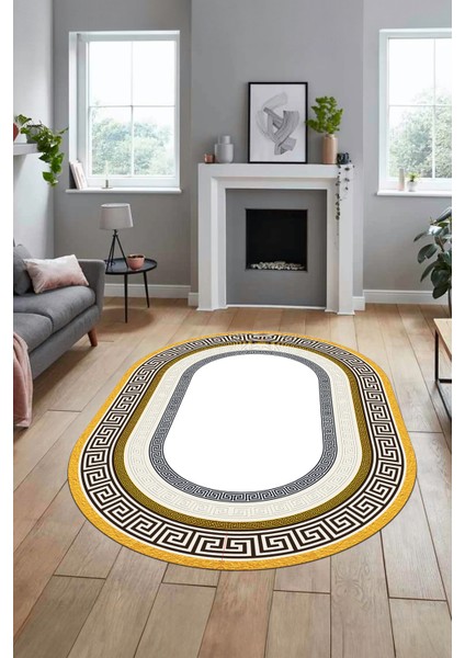 Dijital Kaymaz Yıkanabilir Çerçeveli Şık Tasarım Oval Mutfak Salon Halısı, O-Çerçeveli-03-Gold, modelleri