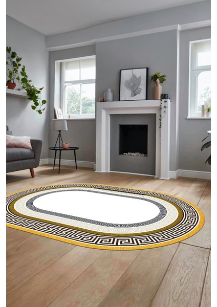 Dijital Kaymaz Yıkanabilir Çerçeveli Şık Tasarım Oval Mutfak Salon Halısı, O-Çerçeveli-03-Gold, fırsatları