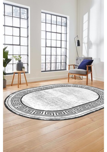 Yeni Tasarım Çerçeve Desenli Modern Yıkanabilir Mutfak Oval Salon Halısı, O-Çerçeveli-09-Gri,